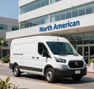 A modern white medical logistics delivery van parked in front of a sleek North American hospital entrance during bright daylight.