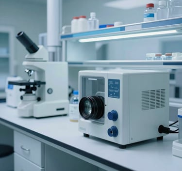 A professional clinical laboratory interior in North America, featuring clean white surfaces, stainless steel medical equipment, and soft ocean blue lighting.