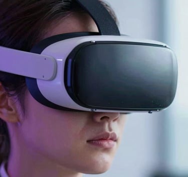 A close-up photograph of a professional in a modern North American / International office wearing a sleek VR headset, with soft deep purple and light blue ambient lighting reflecting off the glass lenses.