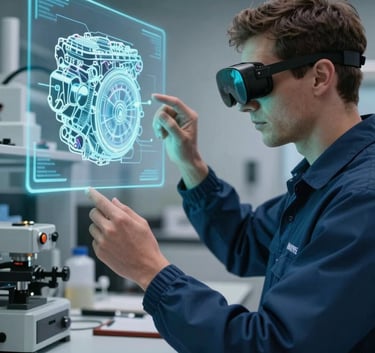 A high-tech laboratory setting in North American / International, where a professional uses AR glasses to interact with a floating 3D hologram of a complex engine, illuminated by very light cyan and blue light.