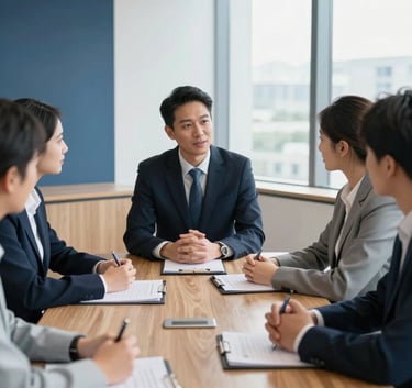 A professional business meeting in a bright, modern North American office. A financial advisor is speaking with clients over a wooden table. The room has large windows and hints of navy blue and light blue decor.