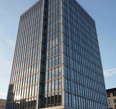 An architectural shot of a modern professional building in Washington state, featuring clean glass lines and a steel structure under a clear North American sky, emphasizing stability and growth.