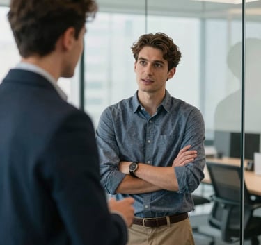 An approachable professional person wearing business casual attire, engaged in a conversation in a bright, modern glass-walled office, reflecting clarity and confidence in an International / English-speaking market.