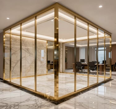 Elegant interior of a luxury office fit-out with glass partitions, marble floors, and metallic gold accents, Middle Eastern / Gulf corporate style.