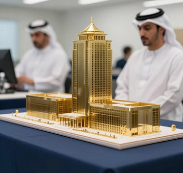 Close-up of a high-end architectural model with gold details on a navy blue table, professional corporate environment, Middle Eastern / Gulf setting, bright lighting.