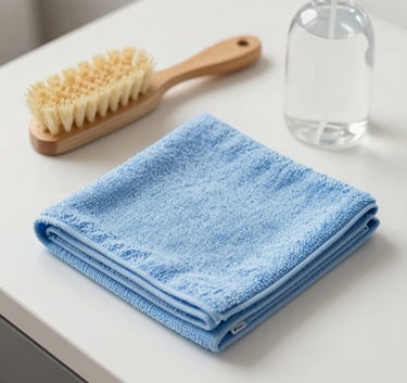 A clean, high-angle shot of organized cleaning supplies: a folded light blue microfiber cloth, a wooden brush, and a clear spray bottle on a white surface. North American / US home style, simple and professional.