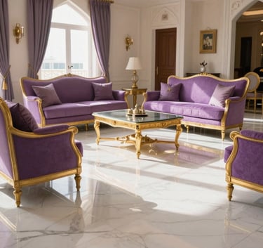 A sun-drenched, luxurious Middle Eastern living room in Al Ain with white marble floors, soft purple cushions, and gold-trimmed furniture, everything looking immaculate and professionally cleaned, wide angle photography.