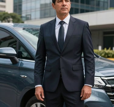 A sophisticated chauffeur in a dark suit standing professionally next to a high-end vehicle, South American / Brazilian urban backdrop with modern glass buildings, soft natural lighting, steel blue and dark charcoal tones.