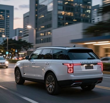 A side view of a sleek luxury executive SUV driving through a clean, modern Brazilian corporate avenue at dusk. The city lights create soft white and blue streaks, conveying efficiency and comfort.