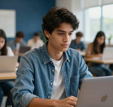 A focused South American student sitting in a modern, well-lit study space with a laptop, looking confident and inspired, with a blurred background showing an innovative educational environment, featuring deep blue accents.