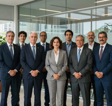 A professional group portrait of South American executives representing a legacy of 30 years in education, standing in a contemporary glass-walled office in Rio de Janeiro, natural light, business attire, conveying trust and leadership.