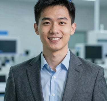 A professional and friendly portrait of Đinh Khắc Việt (Harry Borison) in a modern academic setting at PCCU. He is wearing professional attire, with a background that suggests a high-tech lab. Lighting is soft and bright, incorporating #ECF0F1 and #2C3E50 tones in the surrounding elements.