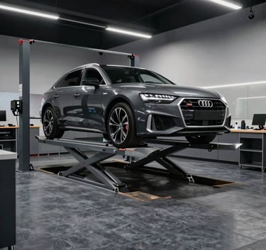 A premium Audi and Volkswagen service workshop interior with a dark slate grey floor, featuring a sleek modern car on a lift, illuminated by focused soft white spotlights.