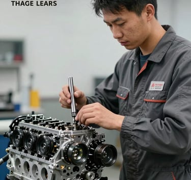 A professional portrait of a master mechanic working on a sophisticated engine, wearing clean dark grey workshop attire, soft white lighting emphasizing precision and focus.