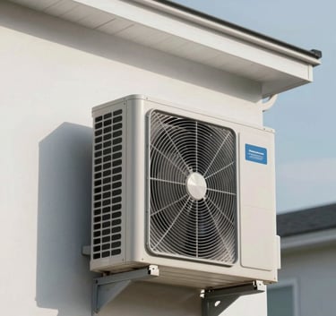A sleek, modern external air conditioning condenser unit installed neatly against the crisp white wall of a North American / US suburban home, sky blue mist sky in background.