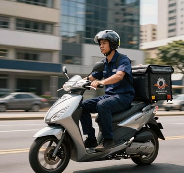 A professional delivery courier on a modern silver scooter, wearing a navy blue uniform, riding through a sunny, modern business district in Brazil. Motion blur, high-efficiency feel. América do Sul / Brasileiro.