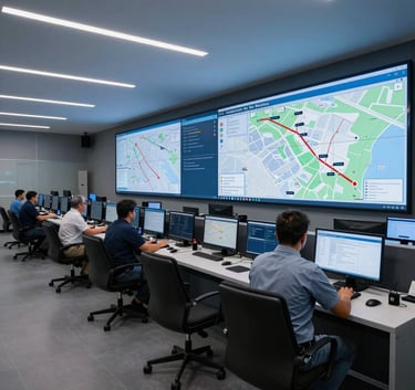 Wide shot of a modern, high-tech logistics dispatch center in a Brazilian city. Professionals are monitoring large screens with maps and delivery routes. Navy blue and grey blue lighting, professional atmosphere. América do Sul / Brasileiro.