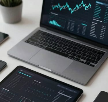A top-down view of a sophisticated workspace with a laptop and a digital tablet showing financial compliance charts. The aesthetic is professional and secure. Colors dominated by Onyx Black #000000 with subtle cyan digital interfaces.
