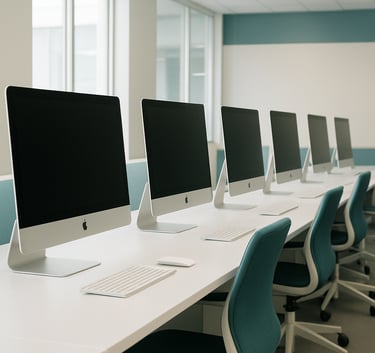 A high-key wide shot of a bright, professional AI lab in the US featuring a row of sleek Apple Macs. The environment is clean and sophisticated, reflecting a high standard of professional excellence with teal and off-white accents.