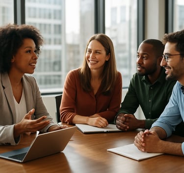 A diverse group of professional collaborators working together at a large conference table in a North American tech hub. They are engaged in an inspiring discussion, with soft natural light streaming through large windows, showcasing an inclusive and vibrant community.