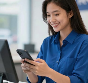 A high-quality photo of an smiling young Indonesian entrepreneur using a smartphone to manage transactions in a bright, modern kiosk. The scene feels empowering and efficient, featuring the brand colors #1C2E4A and #2E6A8A.