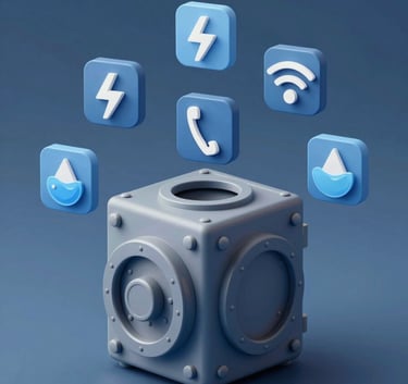 A 3D isometric illustration of digital payment icons (Electricity, Phone, Wi-Fi, Water) floating around a secure digital vault, using a professional color palette of #6C98A8 and #2E6A8A.