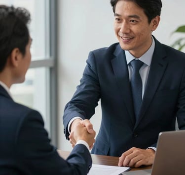 A South American / Brazilian consultant shaking hands with a client across a desk in a professional Navy Blue and Steel Blue office environment, soft daylight.