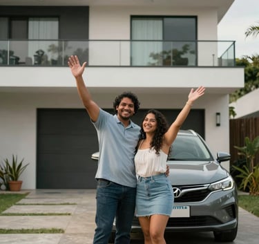A happy South American / Brazilian couple celebrating in front of a modern house, a new car in the driveway, with a Sky Grey and Off White color palette.