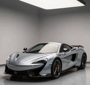 A sleek modern sports car parked in a minimalist North American garage with soft overhead lighting, highlighting the metallic silver finish and clean lines. Professional automotive photography style.