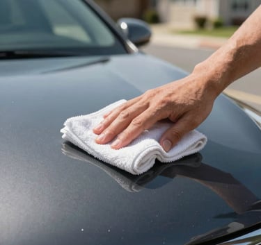 Close-up of a professional using a microfiber cloth to apply premium wax to a dark charcoal car hood, shallow depth of field, bright daylight in a North American suburban setting.
