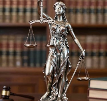 Elegant silver scales of justice sitting on a dark wood law library desk, blurred background of legal books, South American architectural style, lighting creates a professional and serious mood.