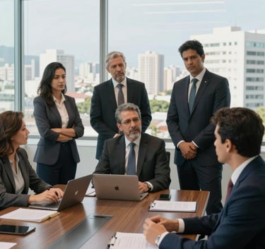 A group of professional South American lawyers in professional business attire, collaborating in a modern meeting room with glass walls, Brazilian city view in the distance, bright daylight, confident mood.
