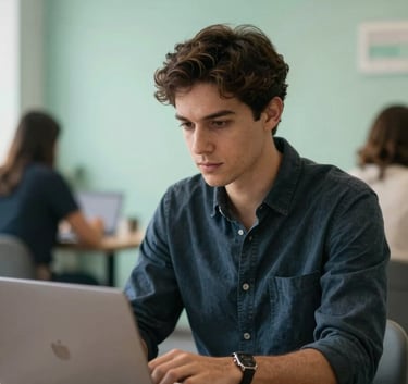 A professional in a modern coworking space using a laptop, looking focused and motivated with a backdrop of soft mint green decor. Global / English-speaking.