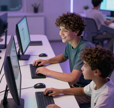 A high-angle shot of a student happily interacting with a futuristic, light-filled educational workspace featuring soft purple ambient lighting and sleek technology. Global / English-speaking.