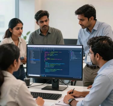 A modern, bright corporate office in Chennai, South Asian professionals collaborating around a large computer monitor displaying software code, clean and professional setting with off-white and deep blue accents.