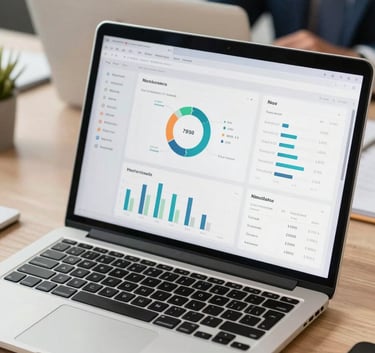 Close-up of a high-end laptop on a professional office desk showing a clean, modern dashboard with insurance data charts, a person in professional attire in a Latin American office environment.