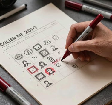 A close-up photography shot of a designer’s hand sketching a social media content calendar on a Crisp Parchment colored paper. Deep Ripe Crimson markers and office supplies are scattered in a high-contrast, stylish North American studio setting.
