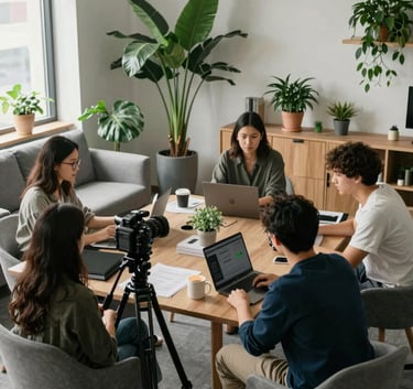 A behind-the-scenes high-angle shot of a marketing team in a North American modern office planning a content shoot. A camera on a tripod is visible, and the room is decorated with cozy Scandinavian furniture and Matte Forest Green plants.