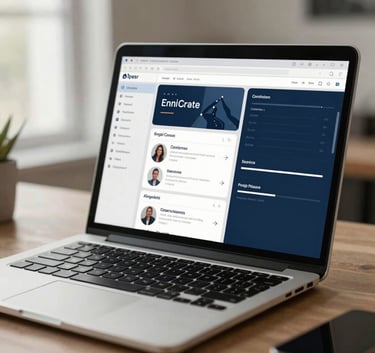 A professional North American creative studio with soft natural light, featuring a modern laptop showing a sophisticated marketing dashboard, off-white and deep blue color palette.