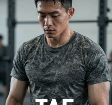 A candidate undergoing a rigorous physical test (TAF), focused and sweating, cinematic lighting, military style with #8D9D95 grey tones.