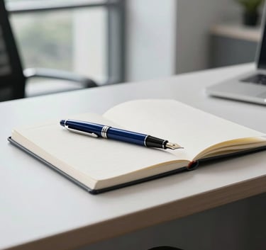 A professional, minimalist photograph of a high-end executive desk in a bright North American office. A polished navy blue fountain pen lies next to a crisp white notebook. In the background, a blurred view of a modern glass window allows soft daylight to enter. The composition is balanced and precise, using a palette of off-white, light grey, and deep navy.