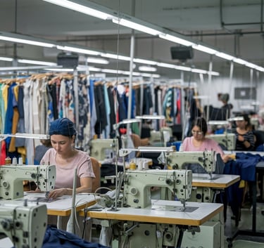 Inside a brightly lit garment factory, several women with dark hair are seated at sewing machines, focused on their work.
