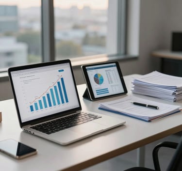 A clean, organized desk in a high-end Indonesian corporate office featuring a laptop, a tablet showing growth charts, and a neat stack of documents. Soft evening light coming through the window, emphasizing efficiency and professionalism.