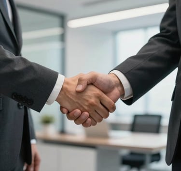 A close-up photograph of two professionals in corporate attire shaking hands in a sleek, modern Southeast Asian office setting. The composition is focused on the handshake to symbolize trust and partnership, with soft Gray Blue and Off-White colors in the background.