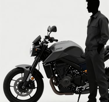 A sleek, modern motorcycle silhouette against a clean #F5F5F5 background with a professional mechanic standing nearby in a consulting role. Sharp, structured composition with high-end photographic quality, utilizing colors #1F1F1F and #606060.