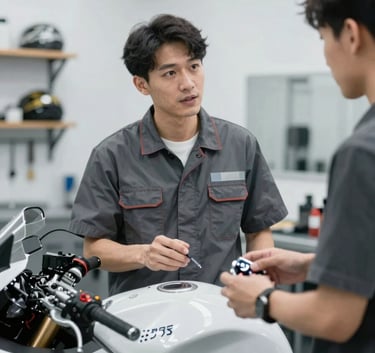 A professional motorcycle technician in a clean, organized workshop, discussing technical details with a customer. The scene projects trust and authority. Lighting is bright and minimalist, incorporating #F5F5F5 and #1F1F1F tones.