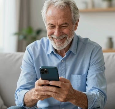 A smiling senior professional using a smartphone in a bright, modern living room. The atmosphere is warm and trustworthy, with accents of #A8C9D8 in the decor, showing the ease of digital credit.