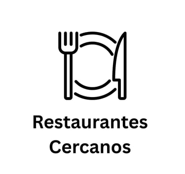 Icono de plato con cubiertos y texto de restaurantes cercanos para guía gastronómica local.