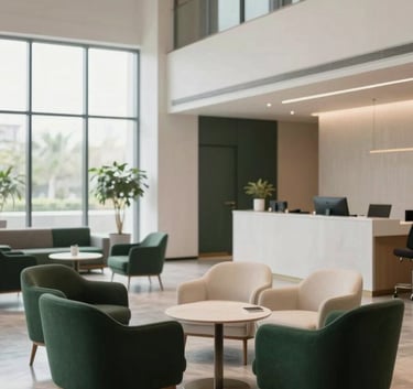 A sophisticated, clean photograph of a modern office lobby in a South Asian / Indian corporate setting. The interior design features polished floors and minimalist furniture in Dark Forest Green and Soft Off-White tones. Soft, natural light streams through large windows.