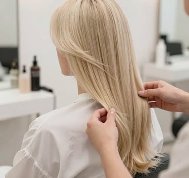 A professional photograph of a woman with long, elegantly styled hair in a bright, modern salon. The stylist's hands are visible adjusting a strand. The palette is dominated by off-white and light beige tones. North American / International context.